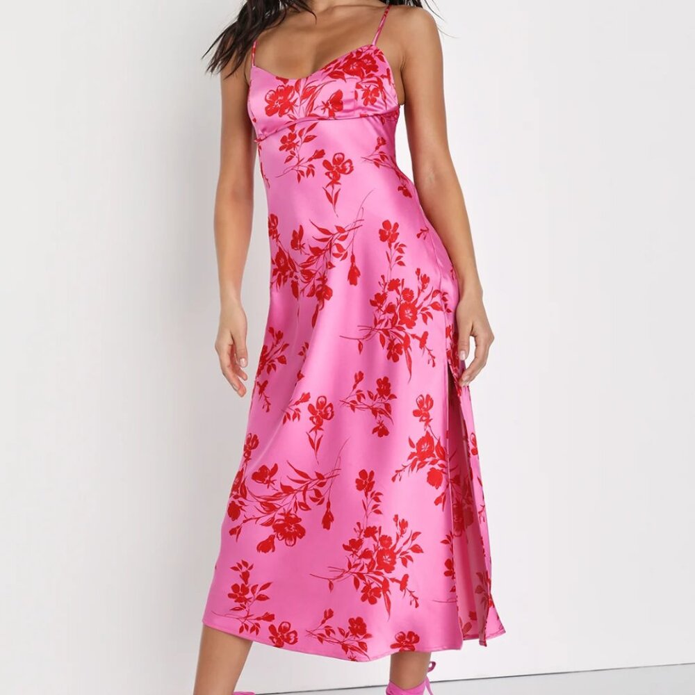 Glamorous Efforts Hot Pink Floral Print Tie-Back Midi Dress - Size XS